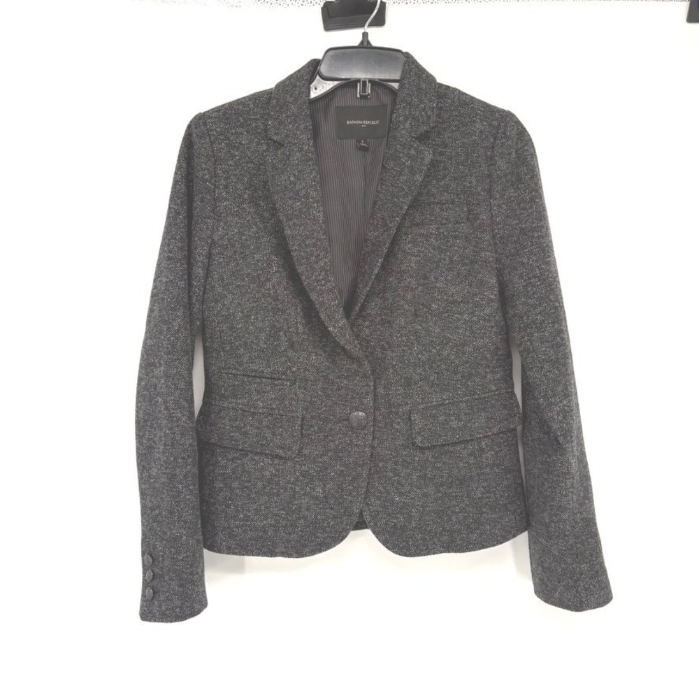 Banana Republic Blazer Womens 2 Gray Tweed Wool Blend One Button‎ Crest Jacket